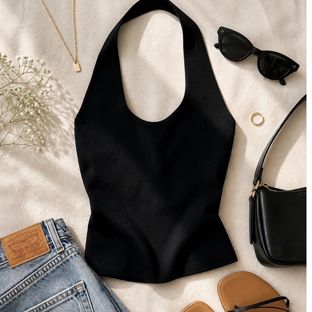 Zara Womens Black Ribbed Halter Neck Scoop Top Size M Slim Fit Minimalist